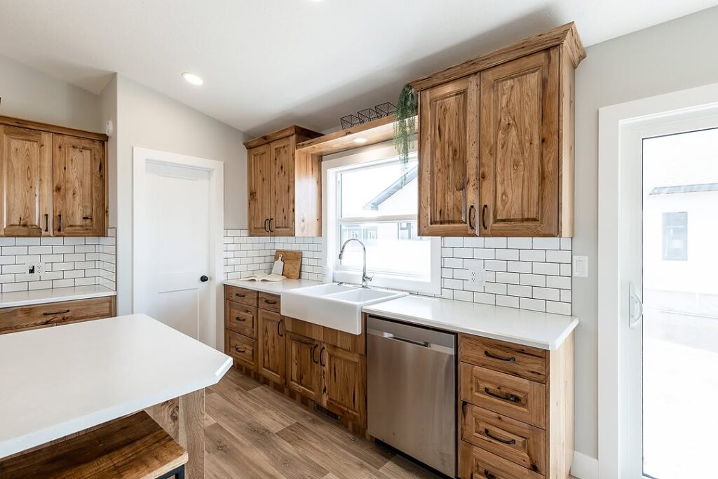 Hickory Cabinets and White Counters