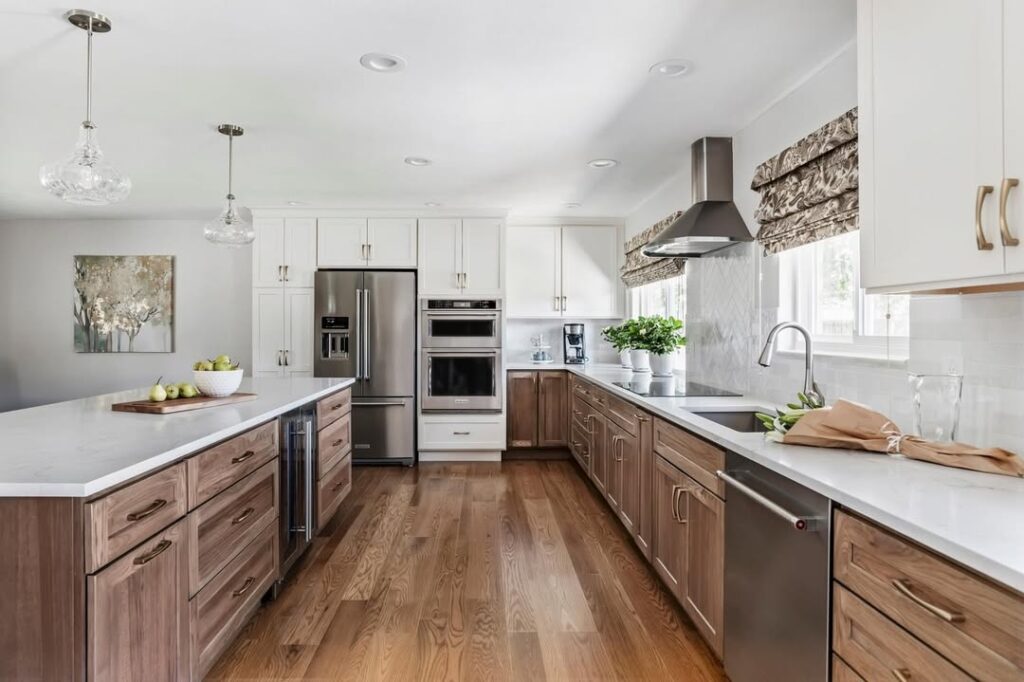 Two Tone Cabinets in Hickory with a Contrasting Island