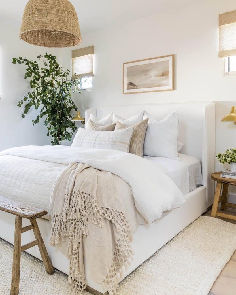 White Boho Bedroom with Earthy Woven Texture