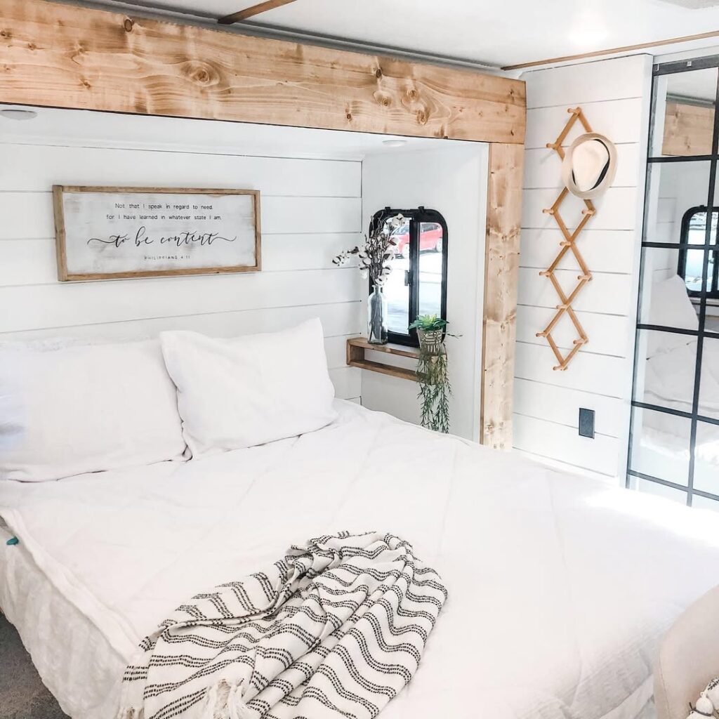 White Farmhouse Bedroom in an RV Space