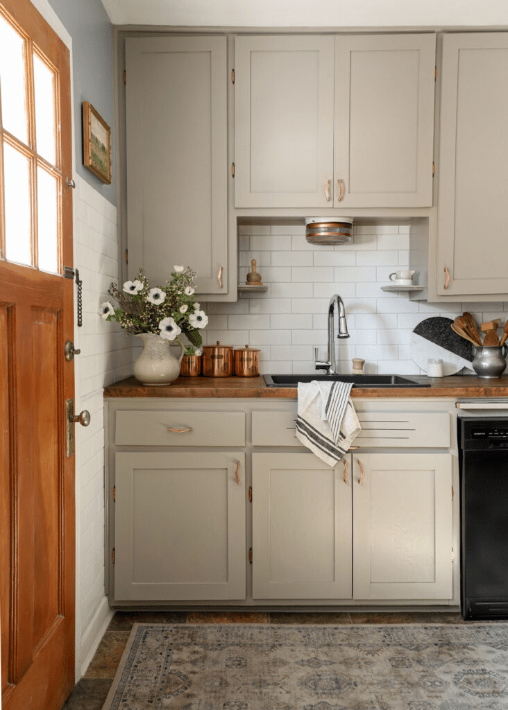 Butcher Block and Taupe Cabinets