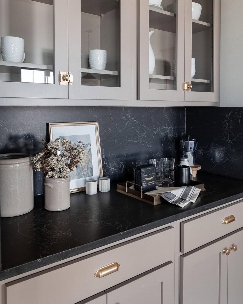 Dark Countertops with Taupe Cabinets
