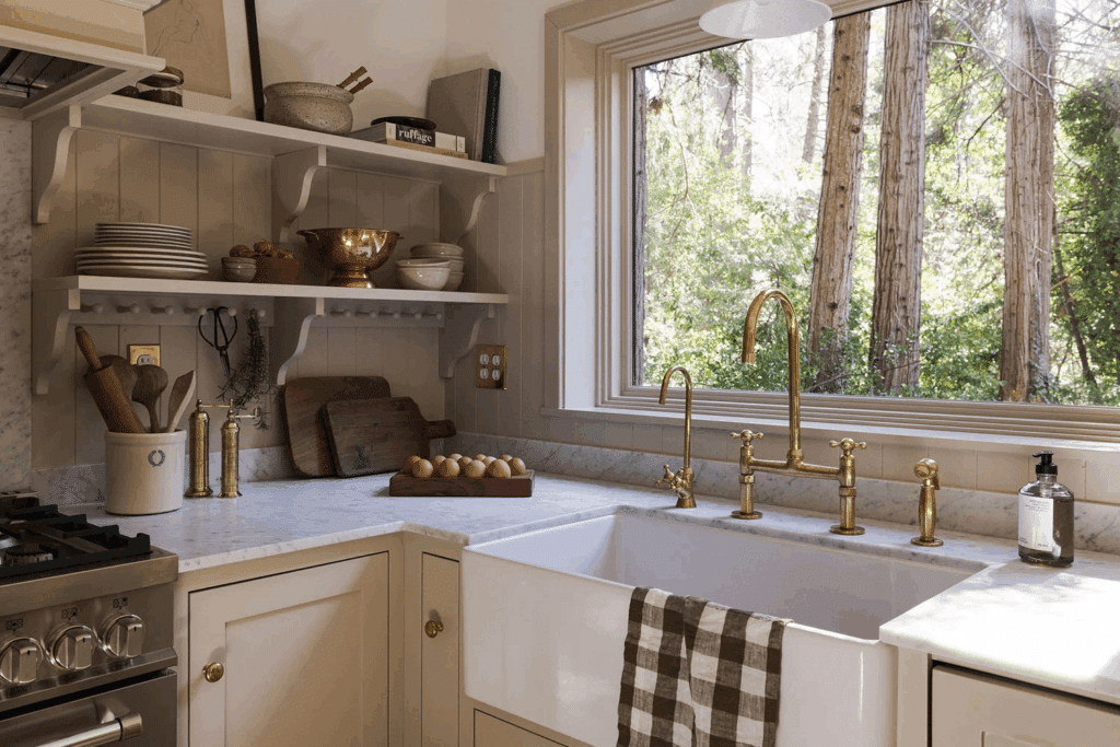 Farmhouse Sink and Taupe Cabinets