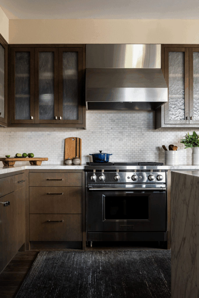 Glass Front Dark Wood Cabinetry