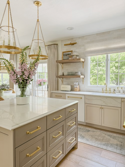 Gold Hardware on Taupe Cabinets