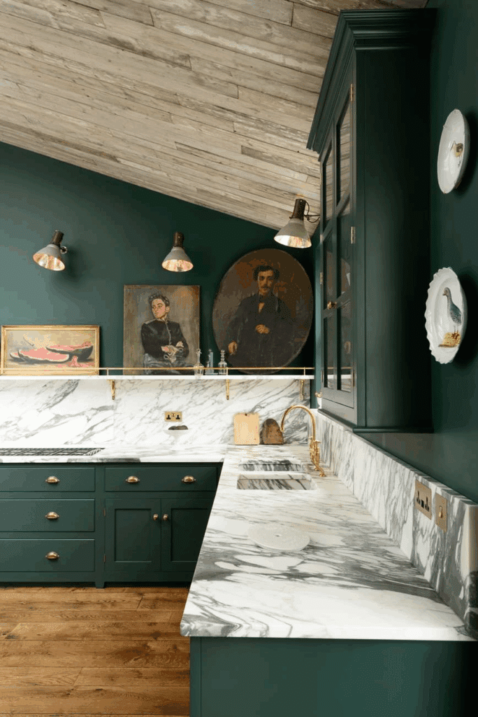 Marble Countertops and Emerald Green Cabinetry