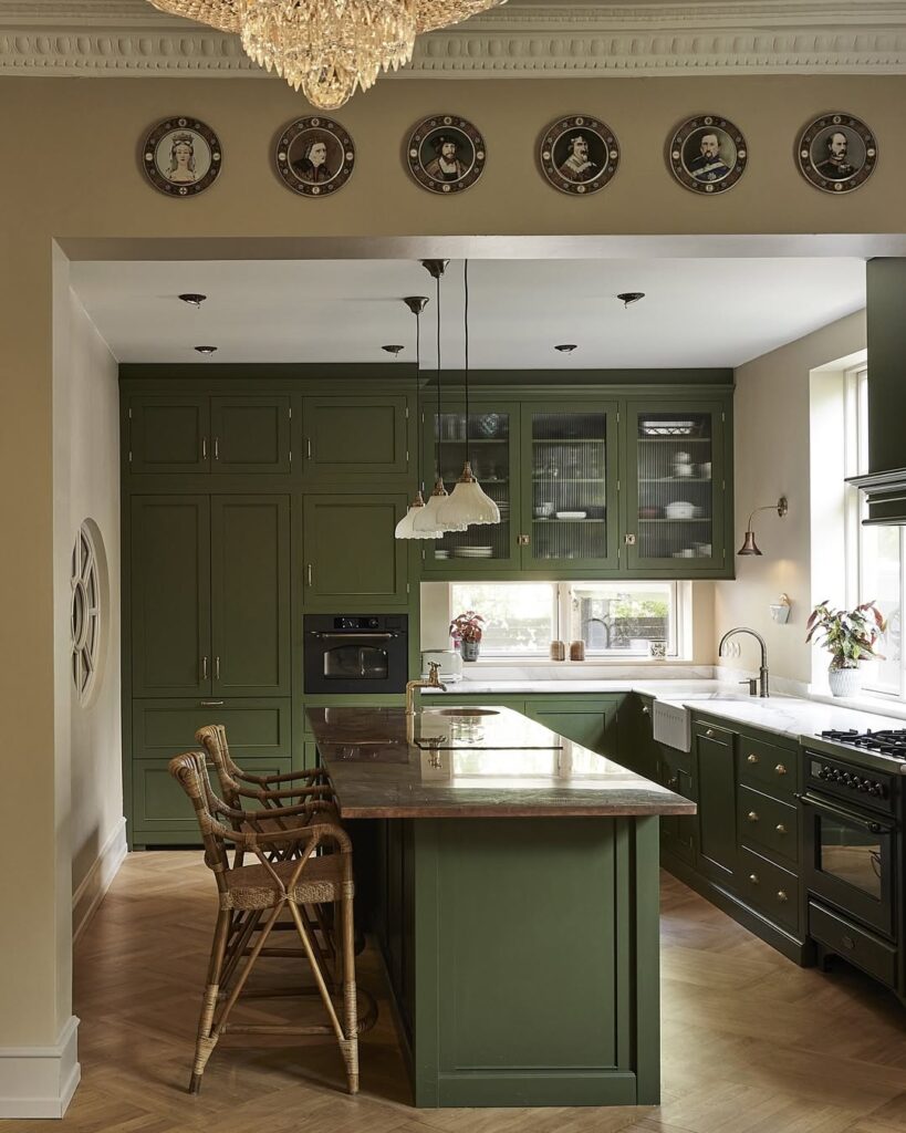 Olive Green Cabinetry and Brass Accents in a Classic Style