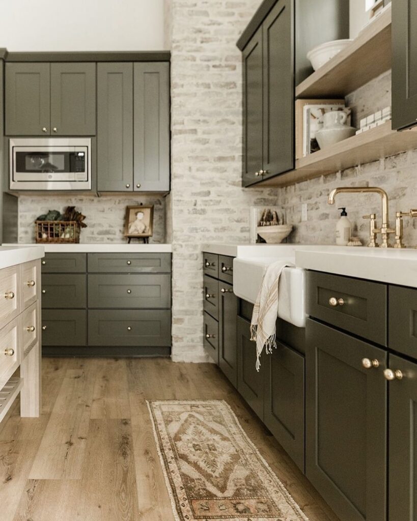 Olive Green Cabinetry With Warm Brick
