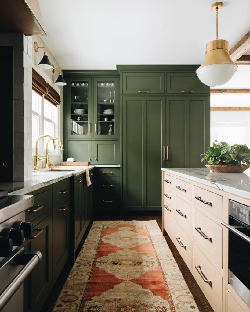 Olive Green Cabinetry with Warm Wood