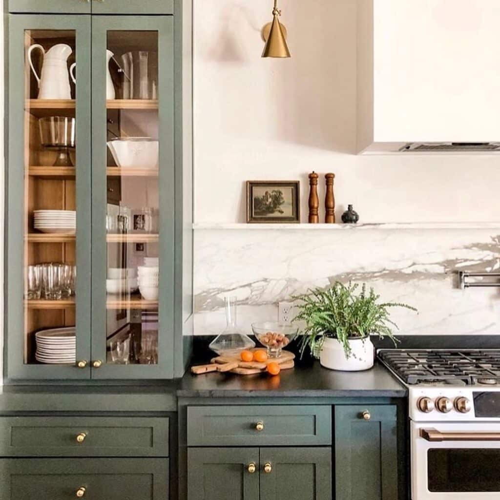 Olive Green Cabinets With Glass Fronts