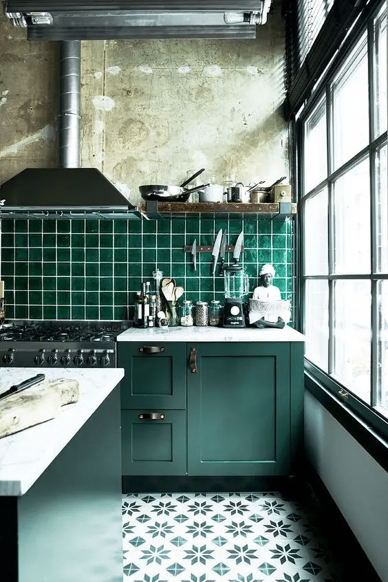 Patterned Tile Flooring with Emerald Green Cabinetry