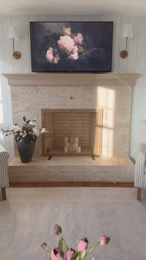 Soft Cream Brick Fireplace Makeover with a Serene Look