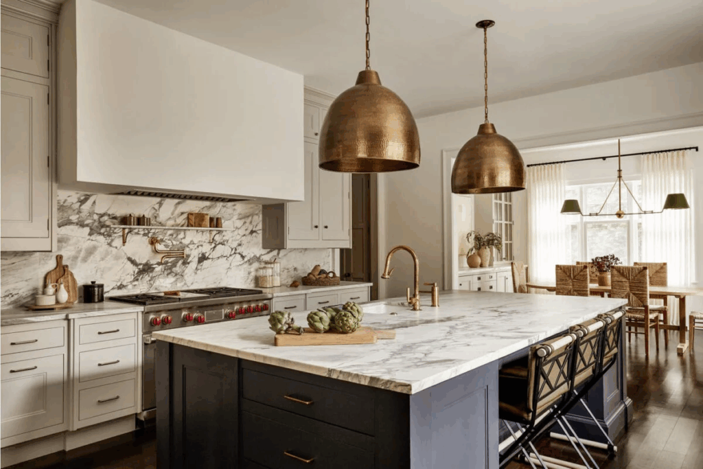 Taupe Cabinets and Brass Fixtures