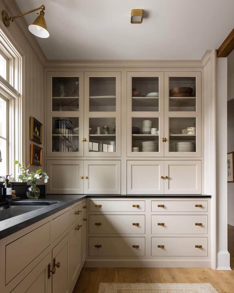 Taupe Cabinets With Glass Fronts