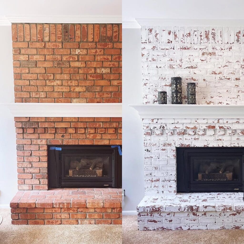 White Distressed Limewash Fireplace