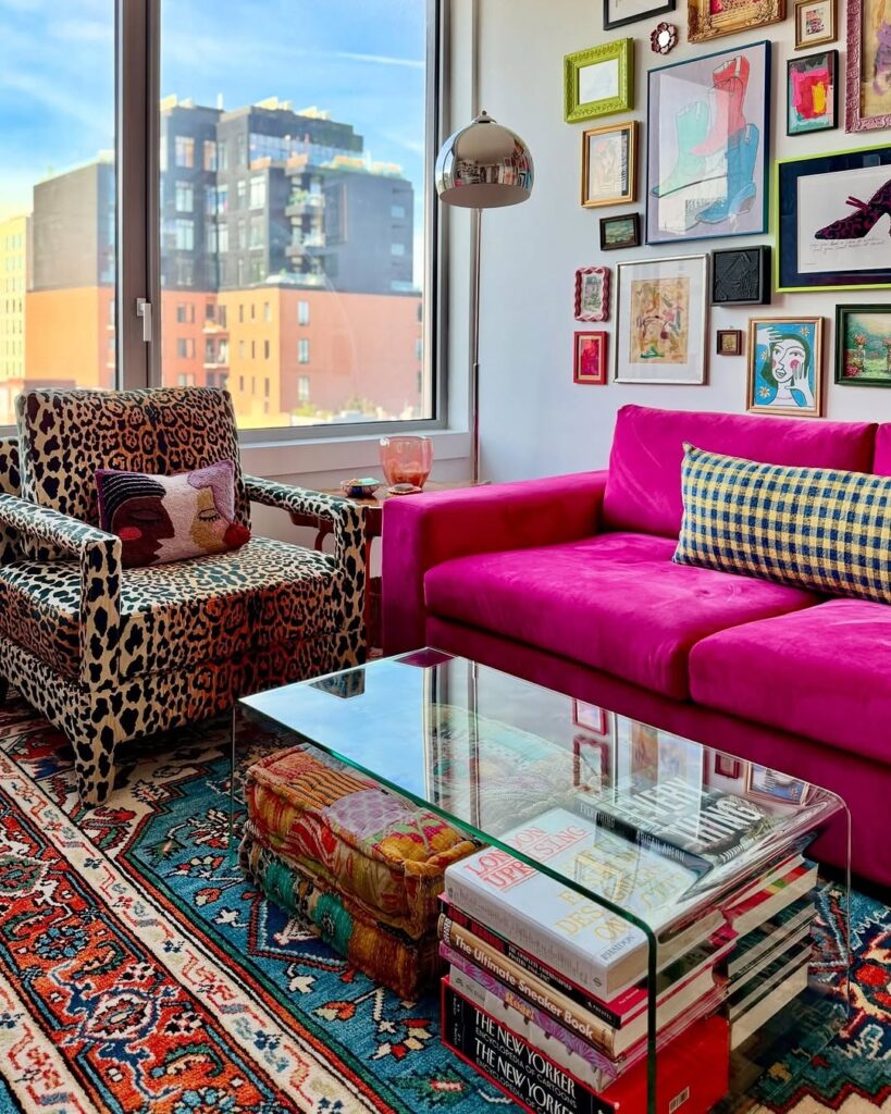 A Bold Pink Living Room with Gallery Style