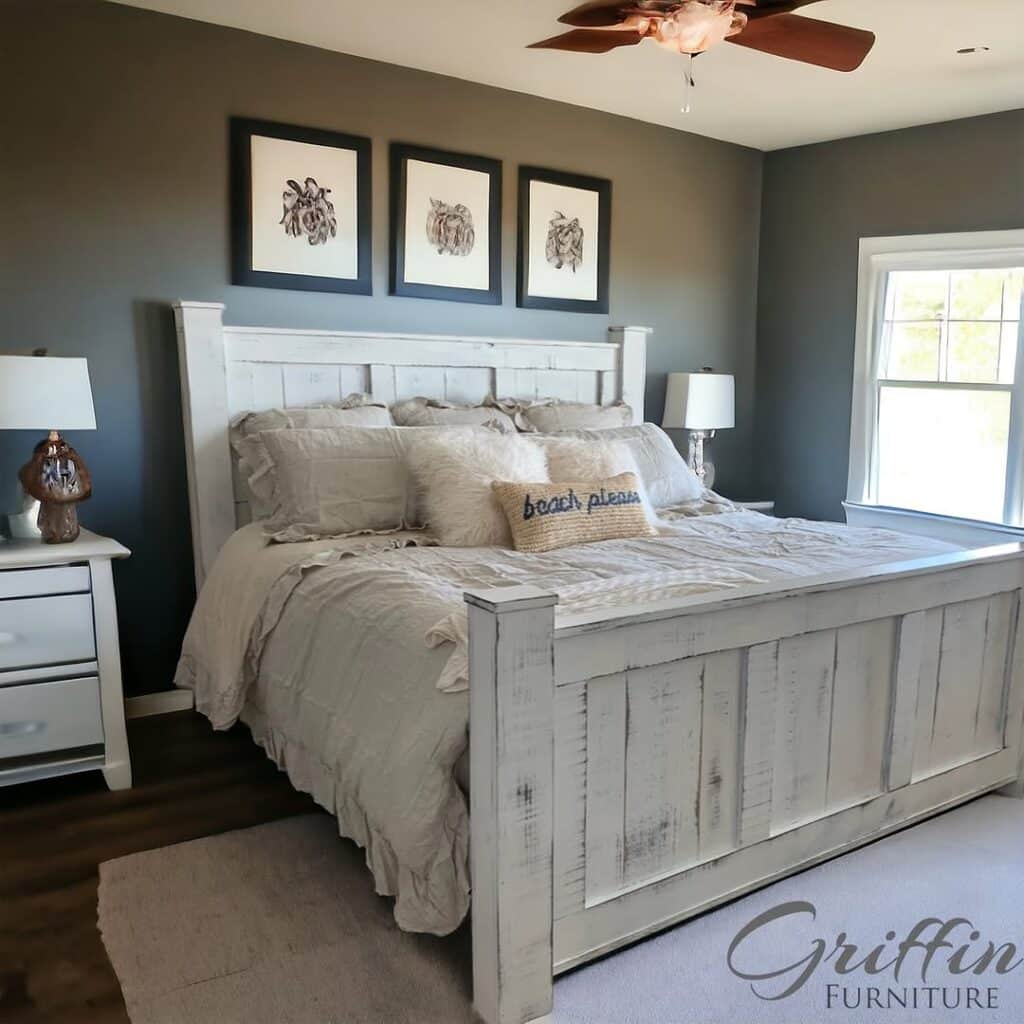 A Clean Farmhouse Bedroom with Weathered White Furniture