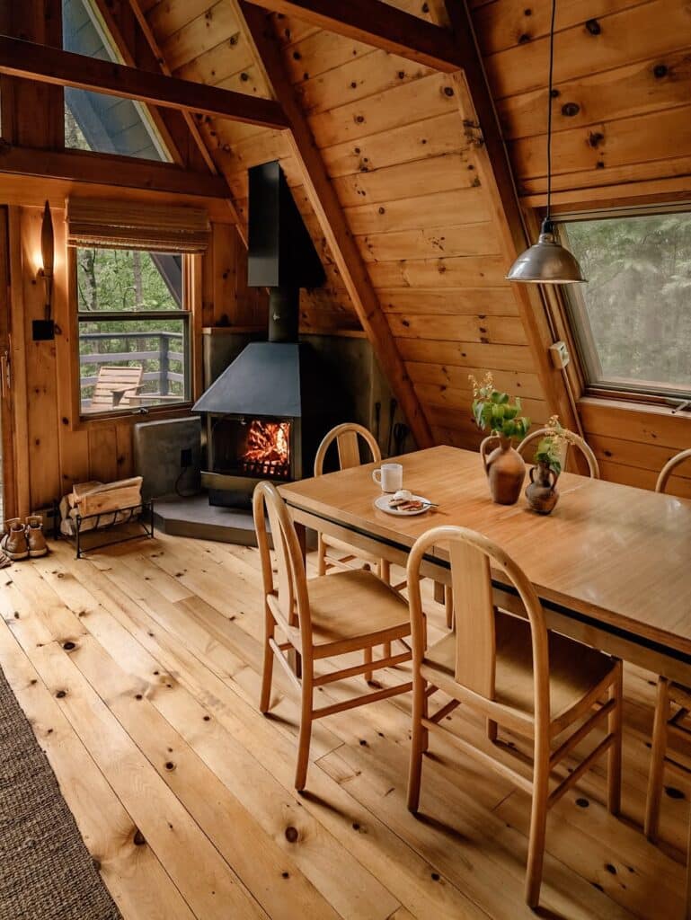A-Frame Corner Cabin Wood Stove
