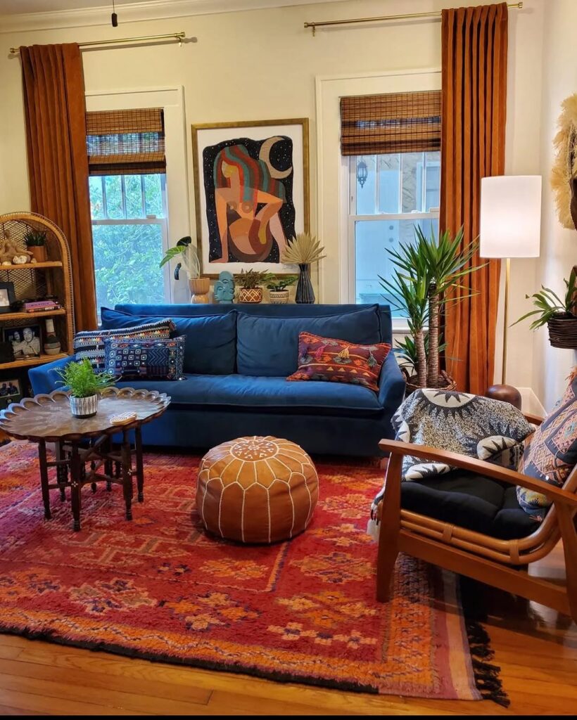 A Lounge Scene with an Indigo Sofa and Southwest Boho Style