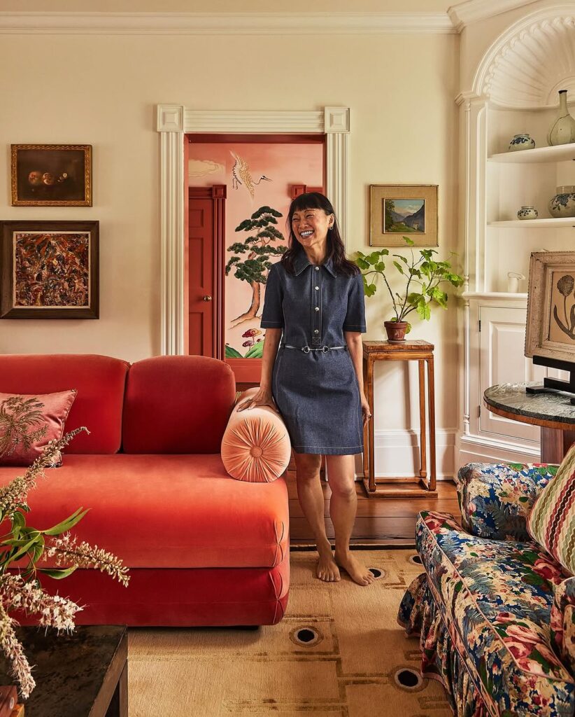 A Sofa in Soft Coral for an Eclectic Classic Room