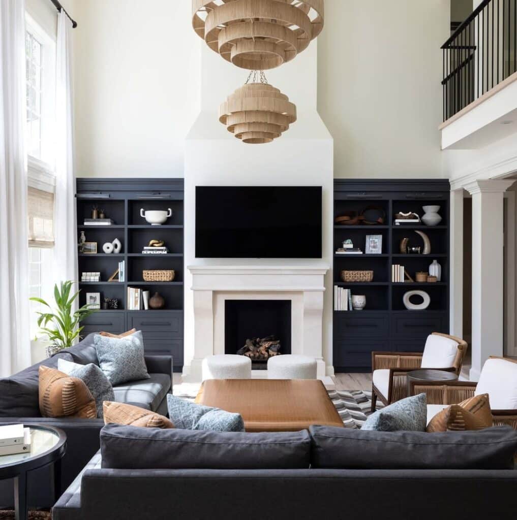 Airy Living Room with a Charcoal Fireplace