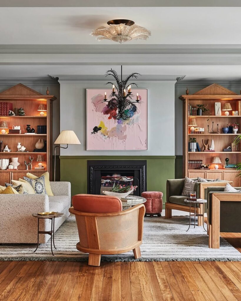 An Eclectic Lounge Hearth and Playful Art
