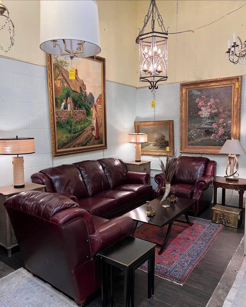 Antique Lounge with Burgundy Leather Seating
