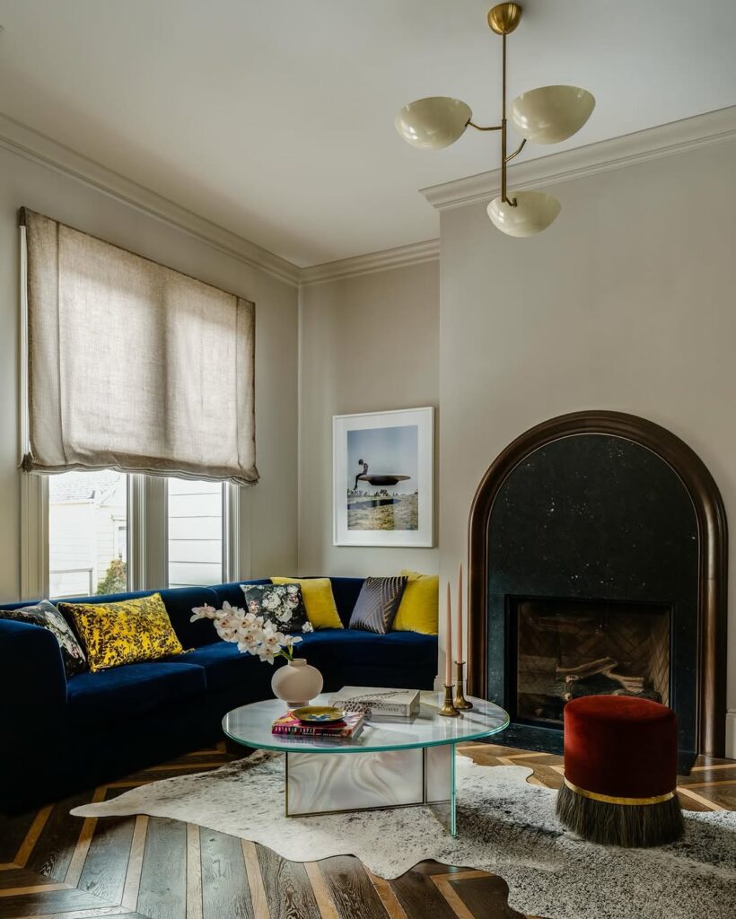 Arched Victorian Hearth with Curved Velvet Seating