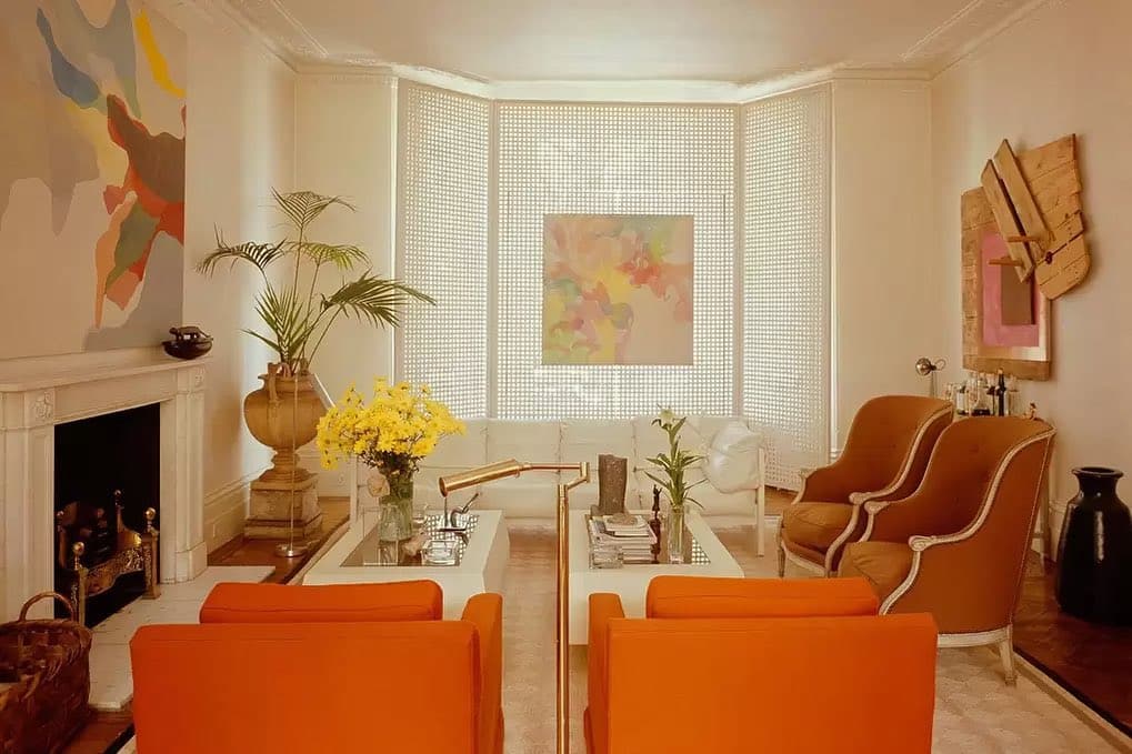 Art Filled Living Room with Cane Backdrop