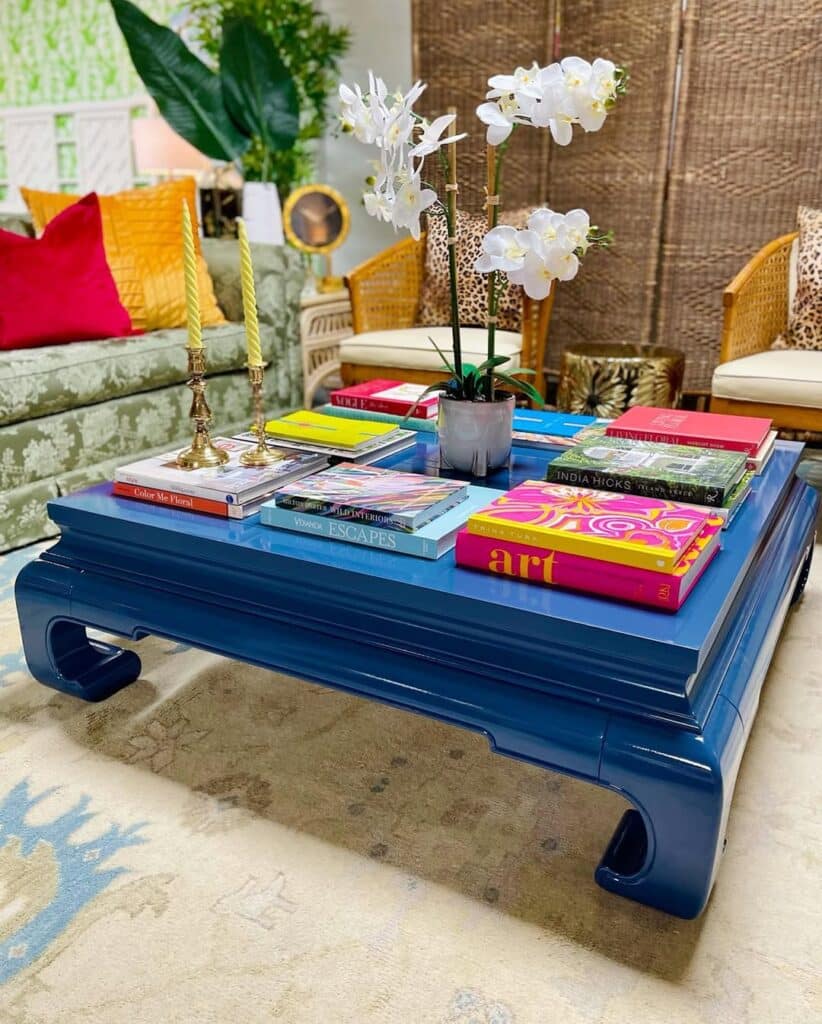 Asian-Inspired Lacquered Coffee Table with Indigo Pagoda Form