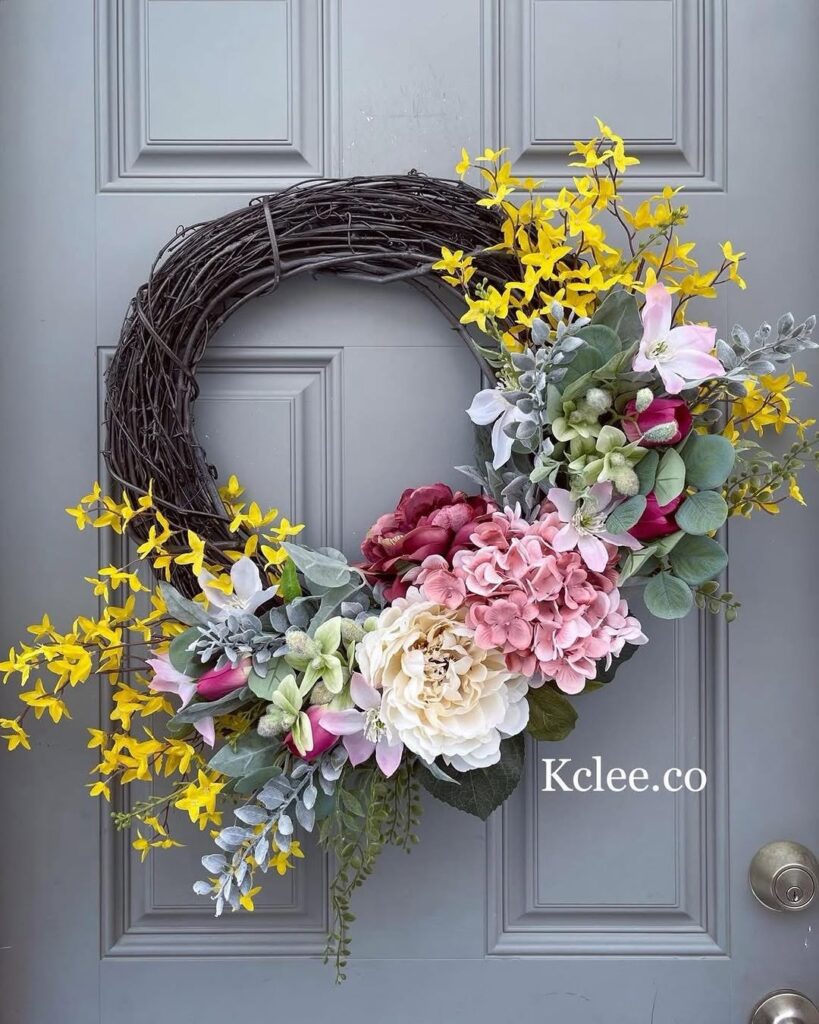 Asymmetrical Spring Forsythia Peony Wreath