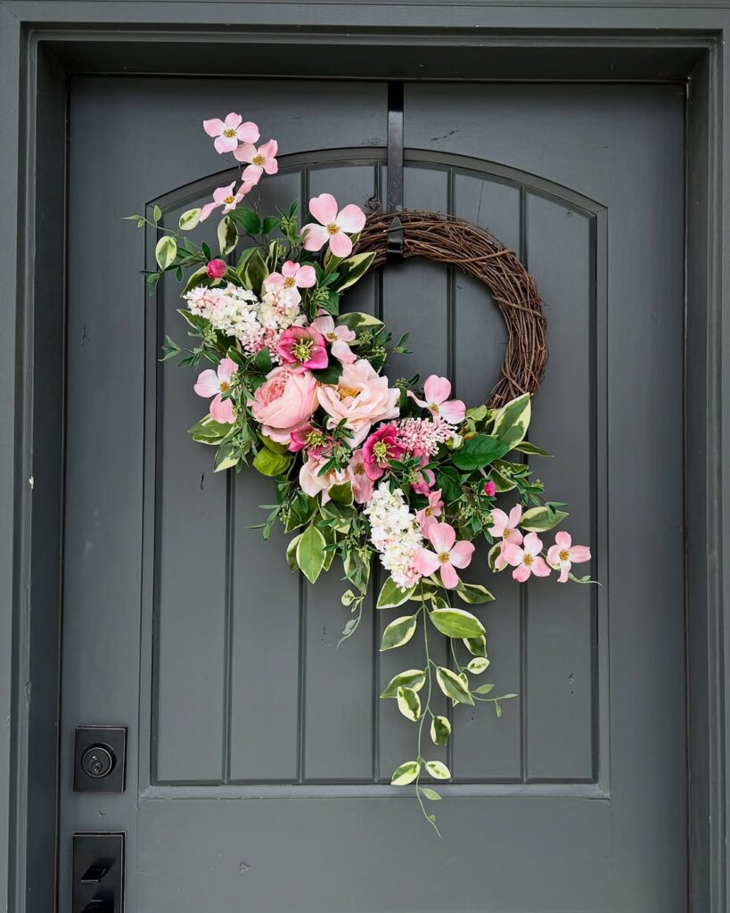 Asymmetrical Spring Wreath of Dogwood and Rose