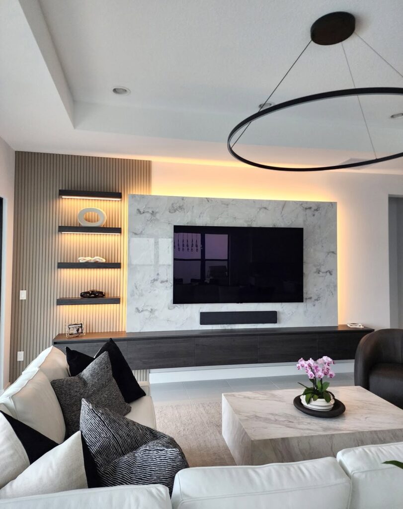 Backlit Slatted Marble Media Wall for One Screen
