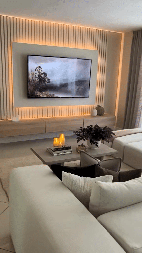 Backlit Slatted Neutral TV Wall