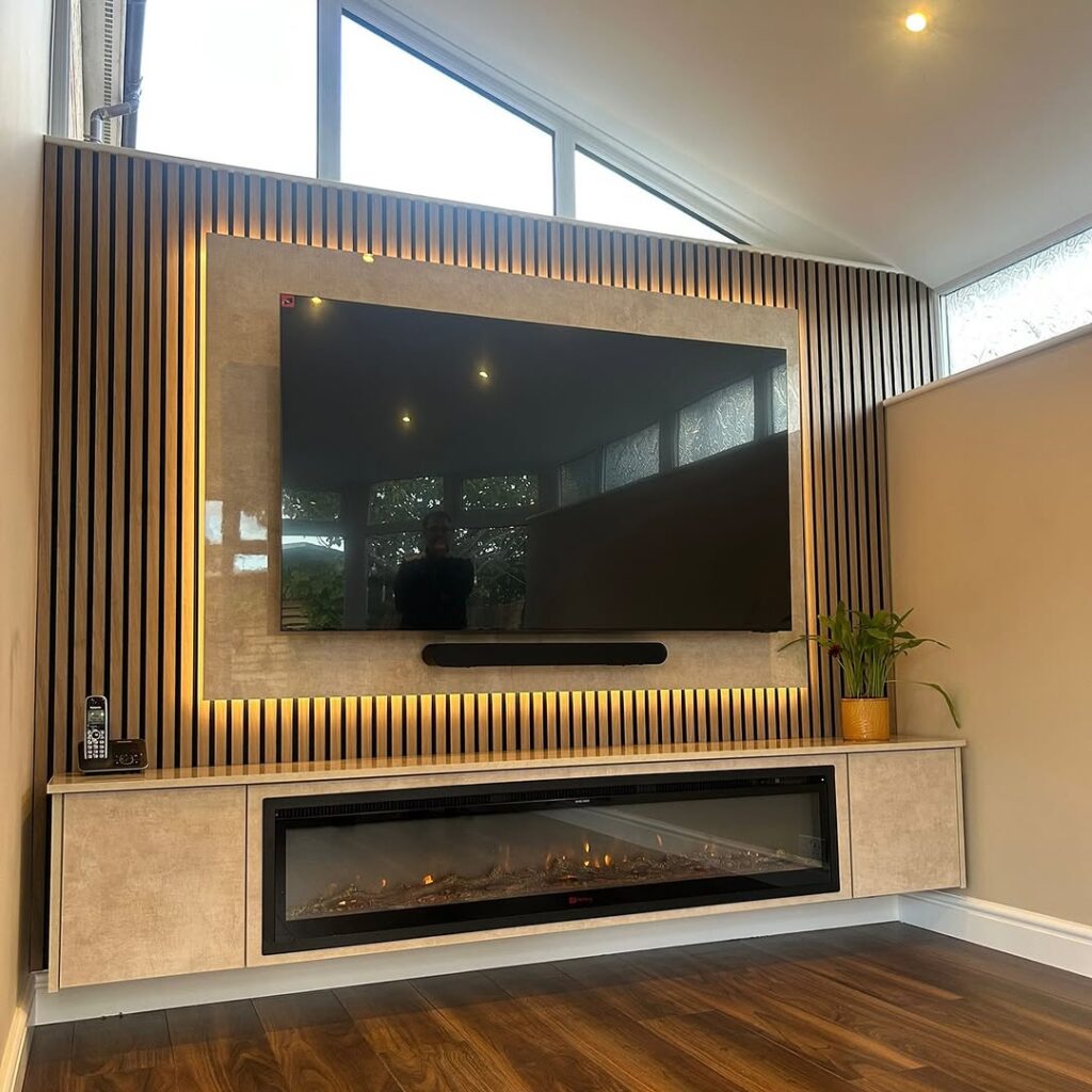 Backlit Stone Stand and Accent Fireplace