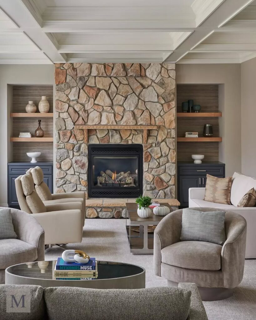 Balanced Built Ins and a Rounded Fieldstone Fireplace