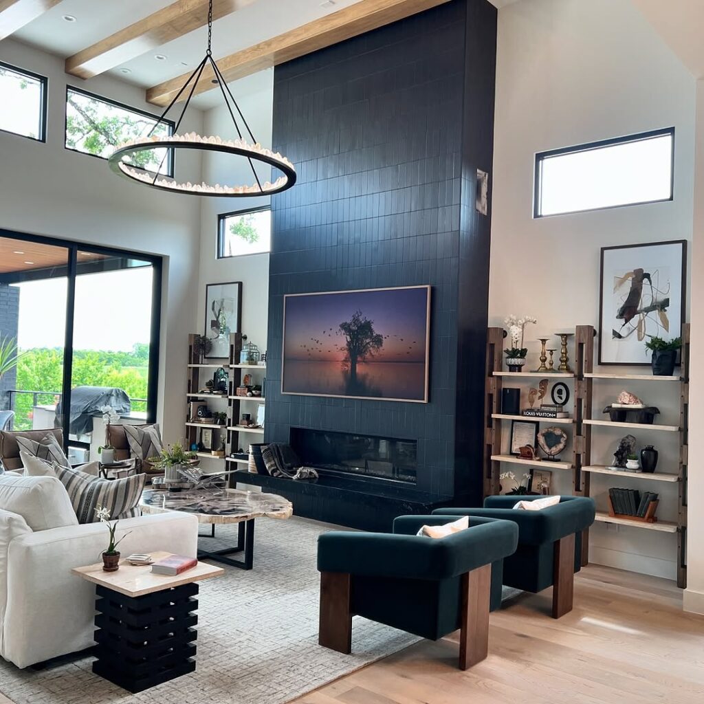 Black Fireplace Set in a Farmhouse Loft