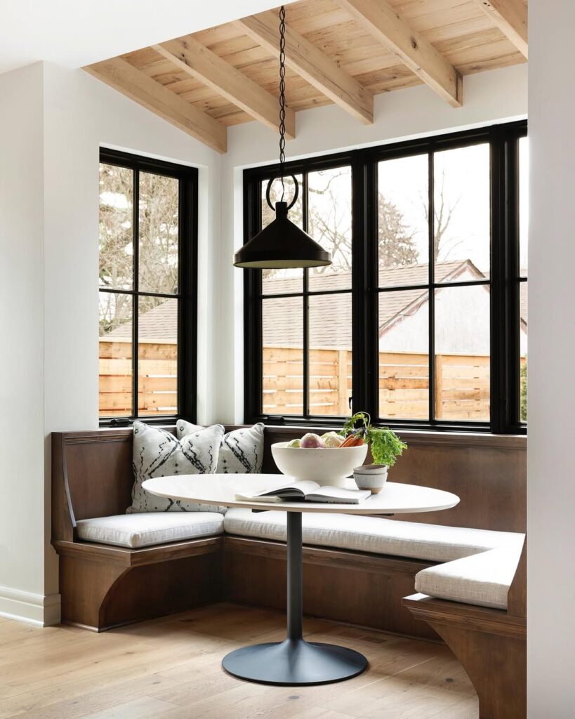 Black window frames in a rustic modern nook