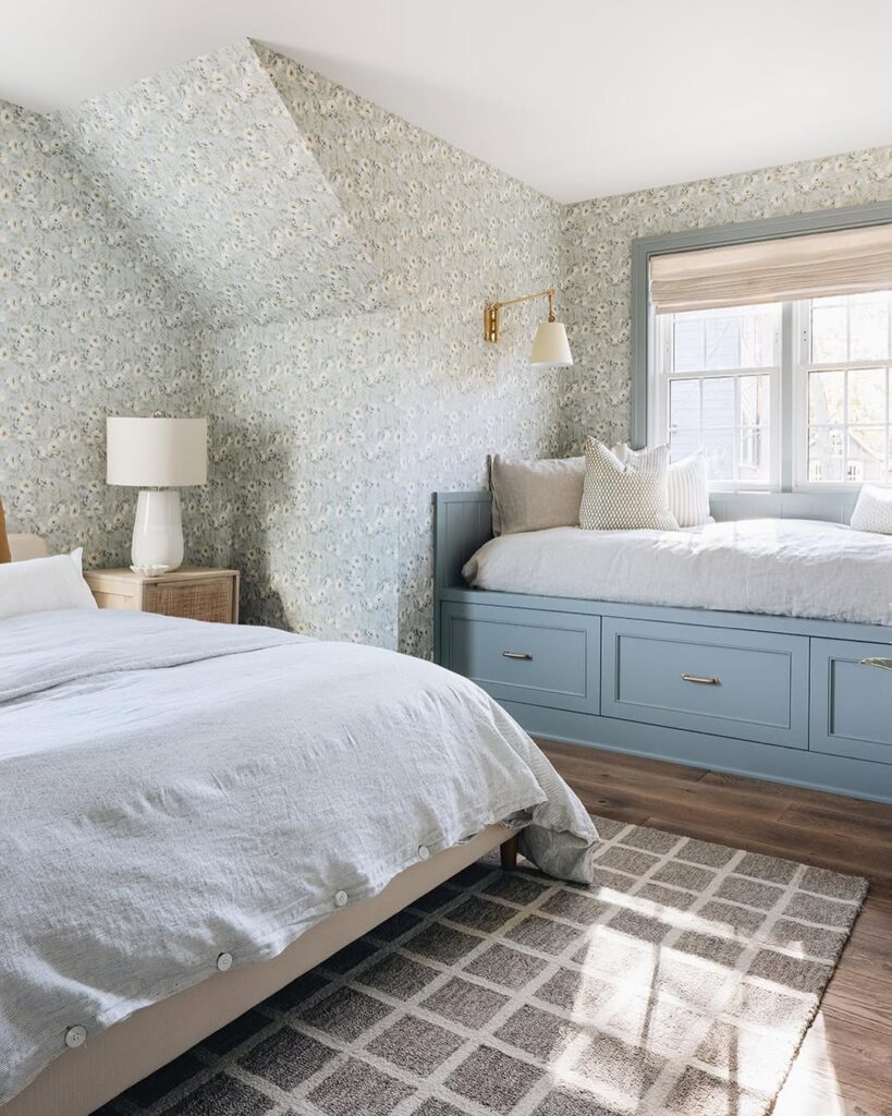 Blue Built-In Sloped Ceiling Bedroom with Floral Wallpaper
