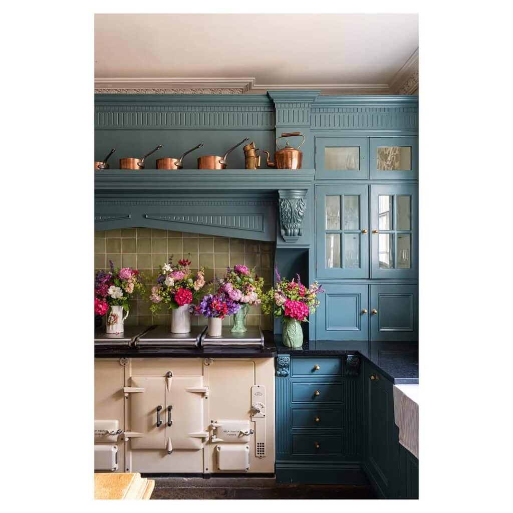 Blue Cabinetry, Copper Accents, Ornate Style