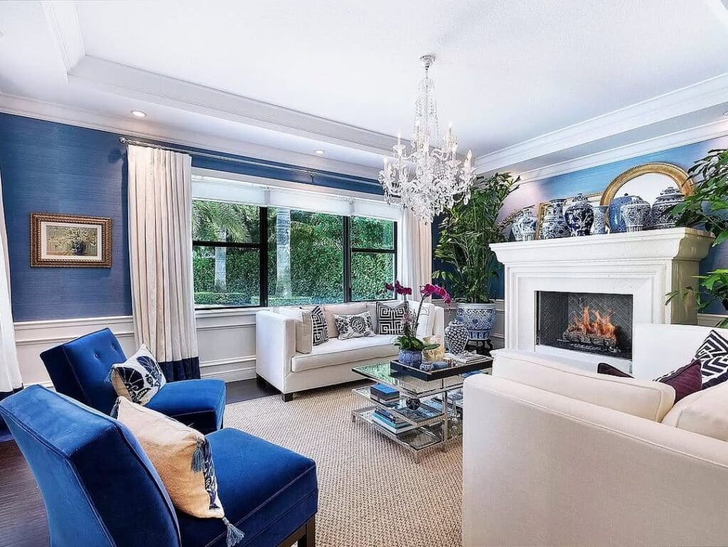Blue Grasscloth Walls Behind Crisp White Seating