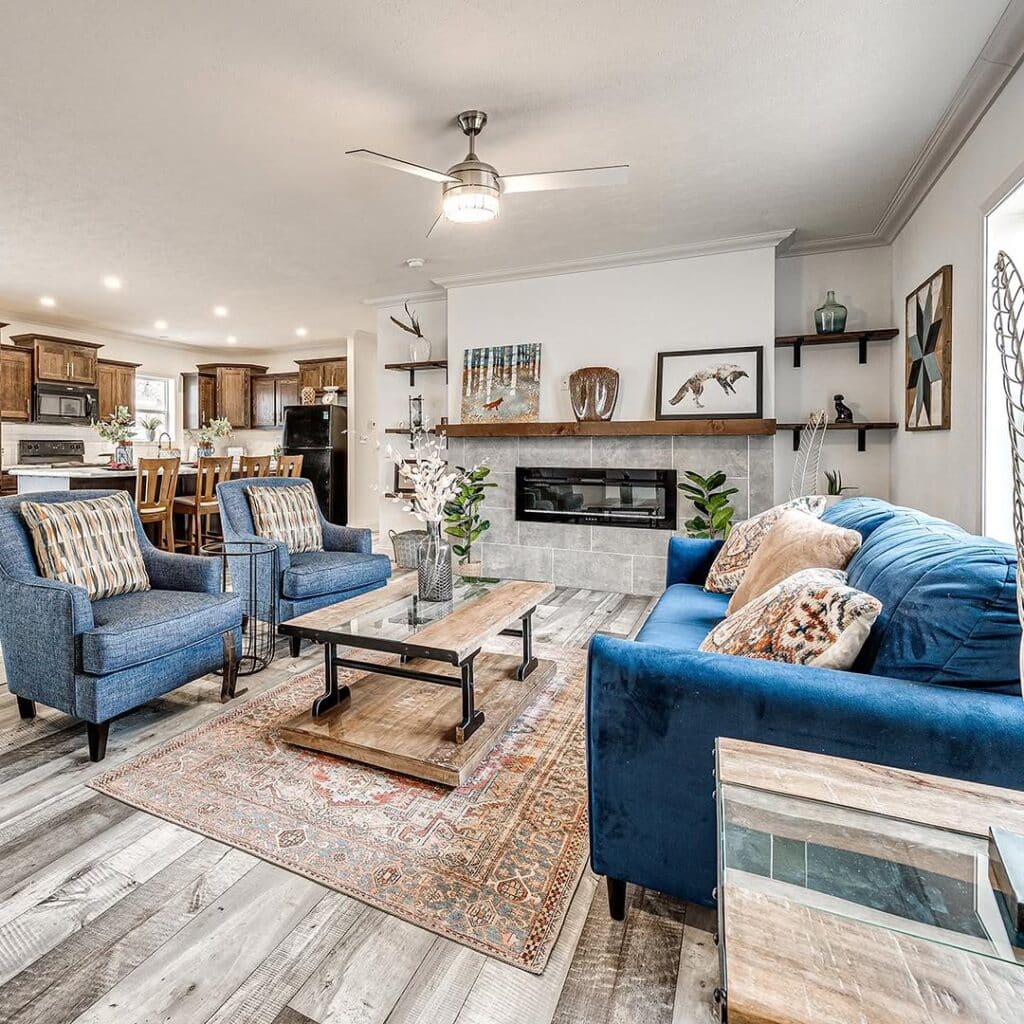 Blue Seating and Fireplace