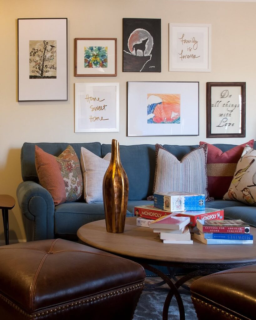 Blue Sofa and Two Leather Ottomans