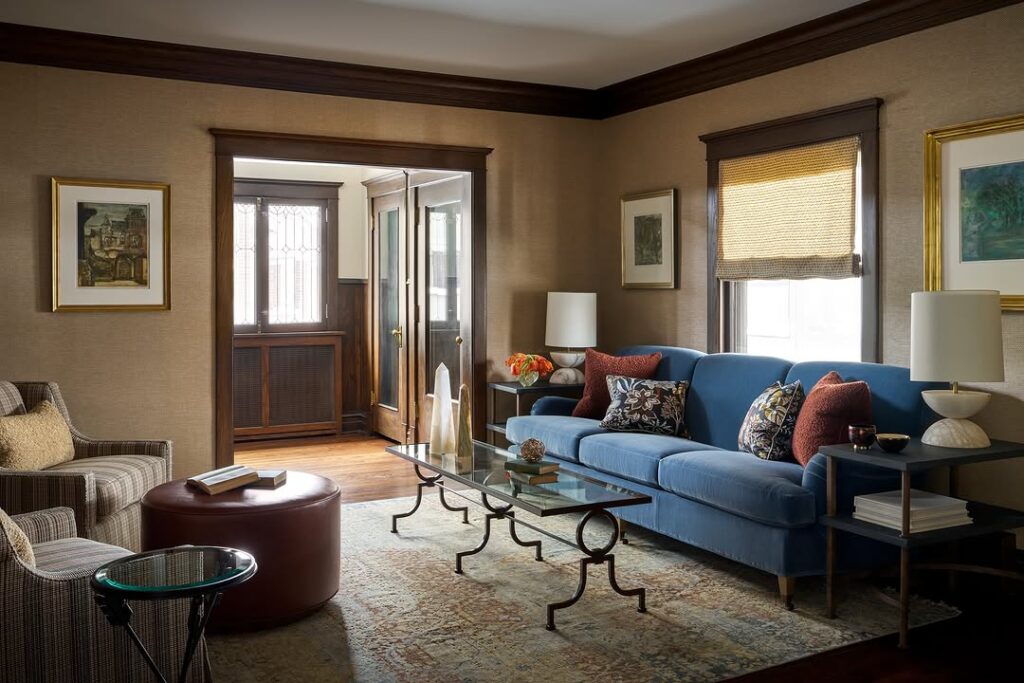 Blue Sofa with Walnut Trim