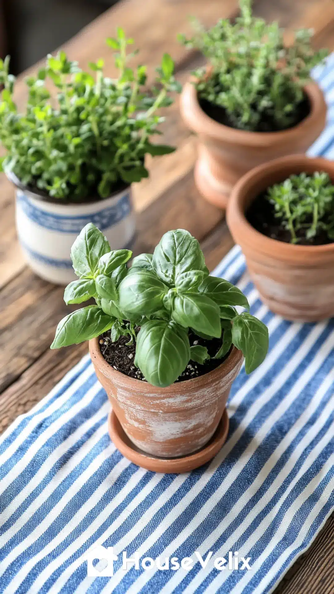 Striped Blue and White Table Runner with Mini Potted Herbs