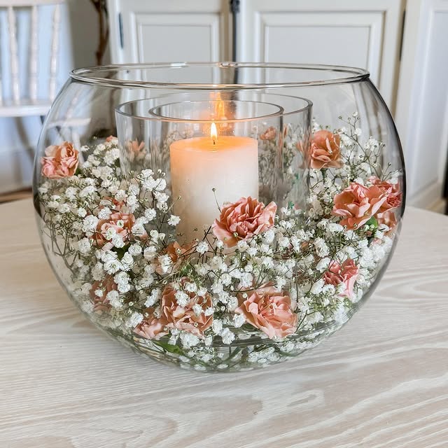 Blush Candle Bowl with Baby's Breath
