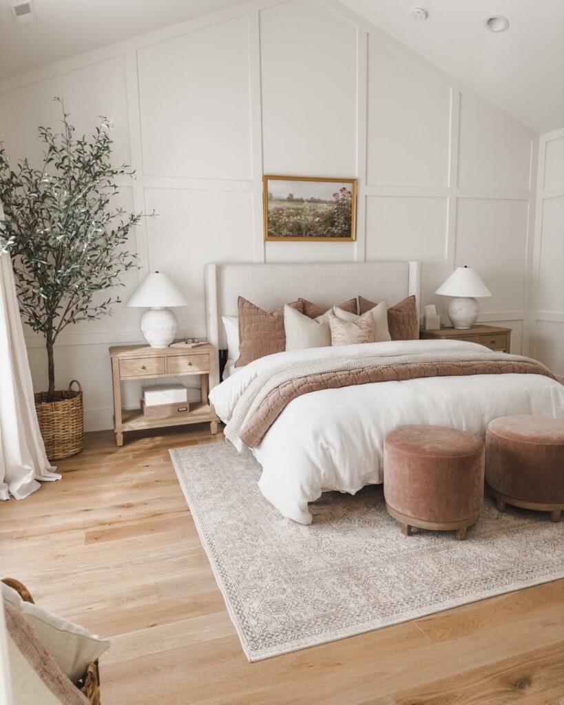 Blush Terracotta Bedroom with White Paneling and Soft Oak