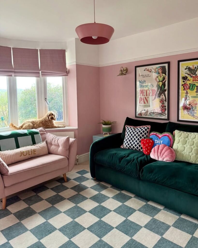 Blush Walls and Emerald Sofa