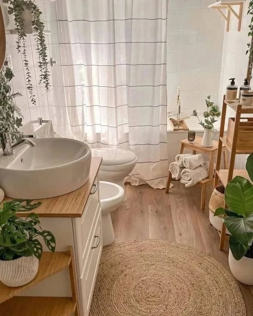 Boho Minimal Bath with Jute and Neutral Wood