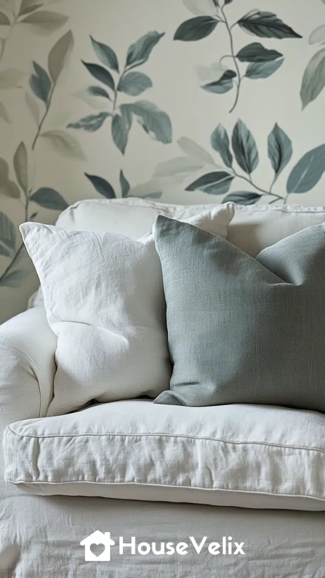 Subtle Botanical Wallpaper Accent Wall Behind Sofa